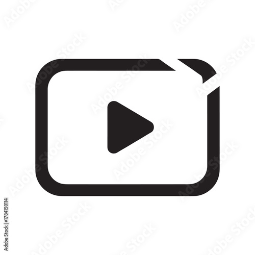 A minimalist black line art icon of a video player with a play button and a broken corner.