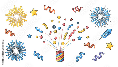 Vibrant collection of festive celebration elements with popping firecracker, colorful confetti, streamers, and stars, ideal for party designs