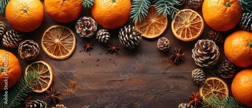 Fototapeta Naklejka Na Ścianę i Meble -  Orange fruit arrangement with pine cones and spices on wooden surface overhead view