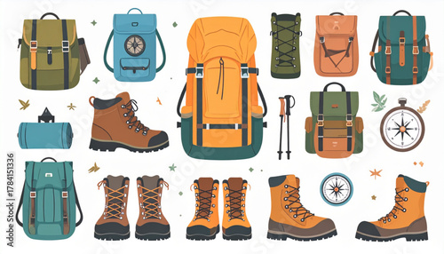 Muted Earthy Flat Icons of Hiking Equipment Set