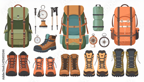 Muted Earthy Flat Icons of Hiking Equipment Set