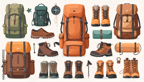 Muted Earthy Flat Icons of Hiking Equipment Set