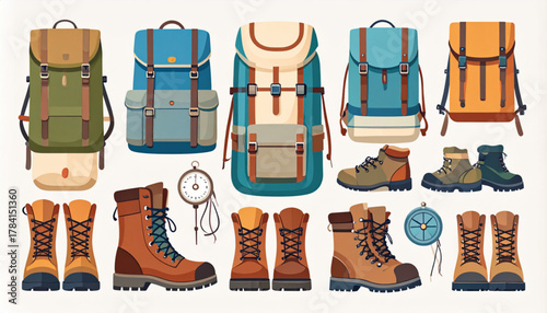 Muted Earthy Flat Icons of Hiking Equipment Set