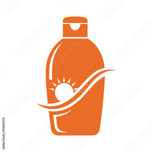 Orange bottle with sun and wave design, representing sunscreen or lotion for skin protection.