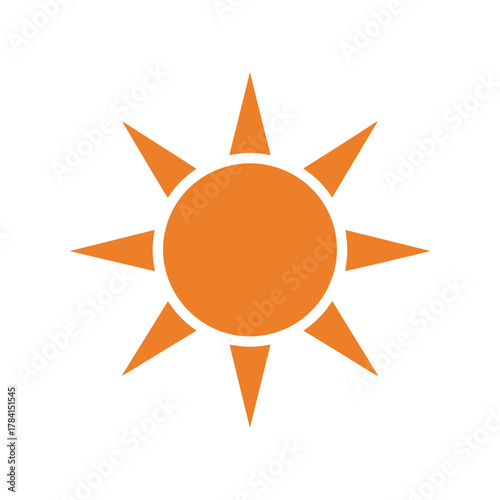 A bright orange sun icon with eight sharp rays radiating outwards from a central circle.