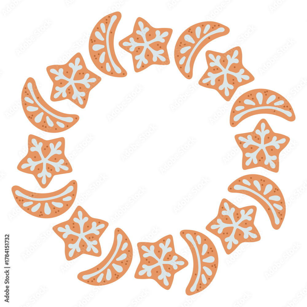 Obraz premium Simple gingerbread cookie snowflake and month festive round frame with Christmas decor. The simple vector design perfect for Christmas and New Year decorations or holiday greetings.