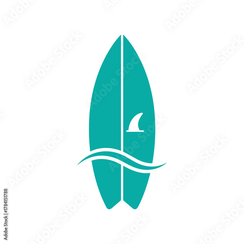 Minimalist teal surfboard graphic featuring a white shark fin and ocean waves, symbolizing summer, surfing, and beach culture.