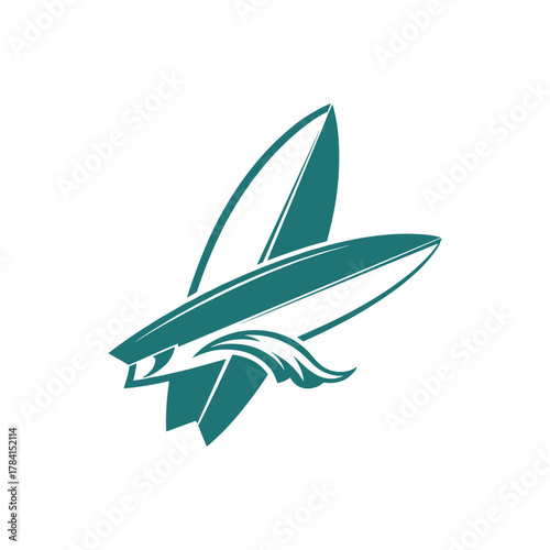 A minimalist graphic icon of two teal surfboards and a small ocean wave.