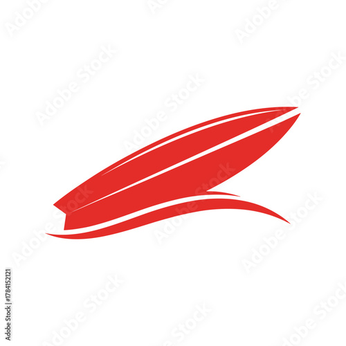 A stylized red surfboard is depicted on a white background, with a red wave underneath.