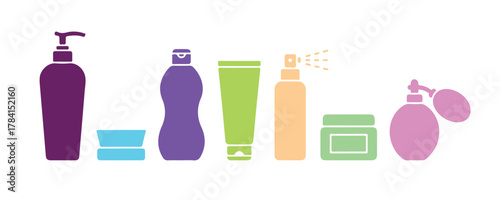 Colorful vector icons representing beauty, cosmetics, and personal care. Includes a bottle, jar, shower gel, face cream, body lotion, spray, ointment, and paste.