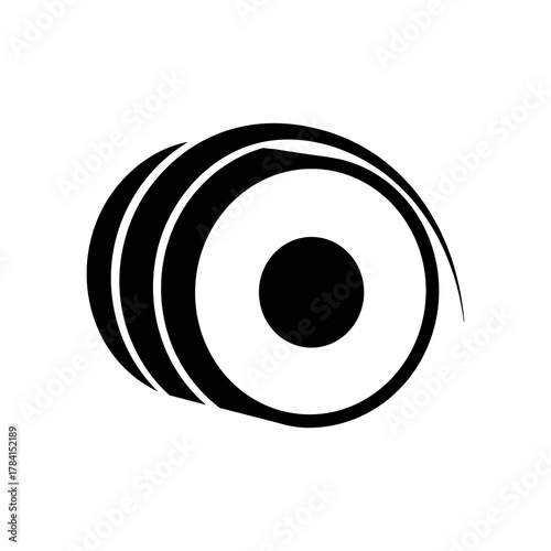 Abstract black and white icon depicting a stylized, unwinding roll or spool in motion.