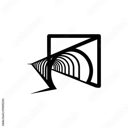 Abstract geometric design featuring a square frame with a curved, layered tunnel effect inside.