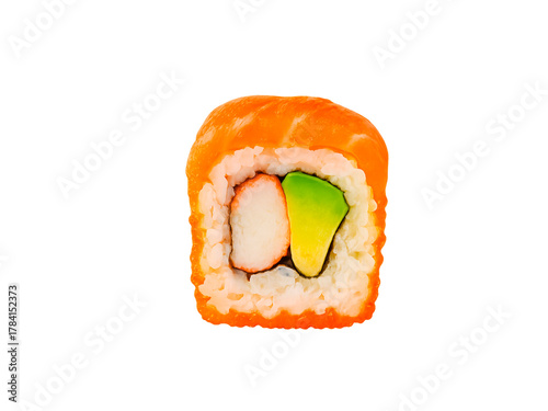 California Roll with Salmon and Avocado on White Background Fresh Sushi Close-Up