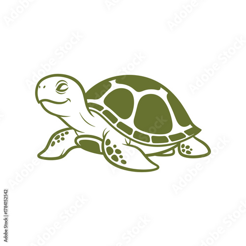 A detailed illustration of a smiling sea turtle, showcasing its shell and flippers in a serene pose.