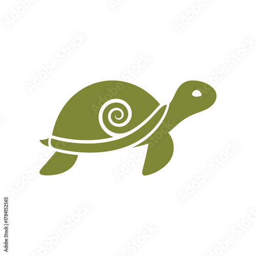 Olive green turtle with snail shell on its back.