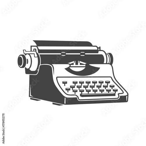 Illustration of a vintage typewriter with paper, rendered in grayscale.