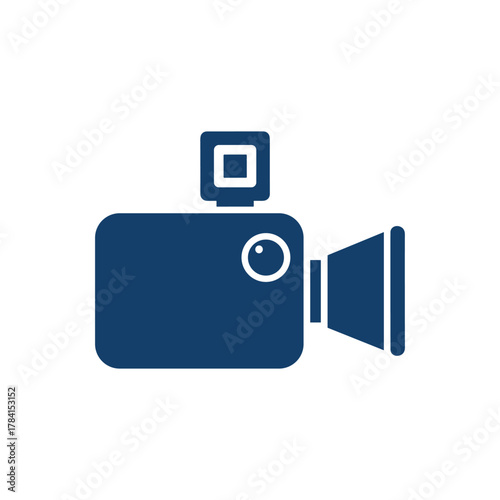 A simple dark blue icon of a video camera or camcorder on a white background.