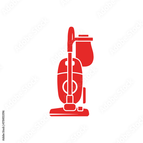 Red upright vacuum cleaner icon for household cleaning.