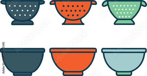 Colorful Kitchen Utensils Colanders and Bowls Collection Set Vector Illustration for Cooking and Food Preparation