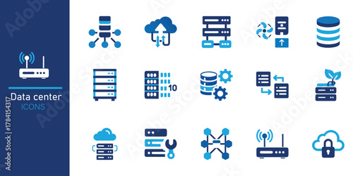 
Data center icon set. Containing server, hosting, infrastructure, backup, cloud storage, server rack, virtualization, data processing and bandwidth. Solid vector icons collection