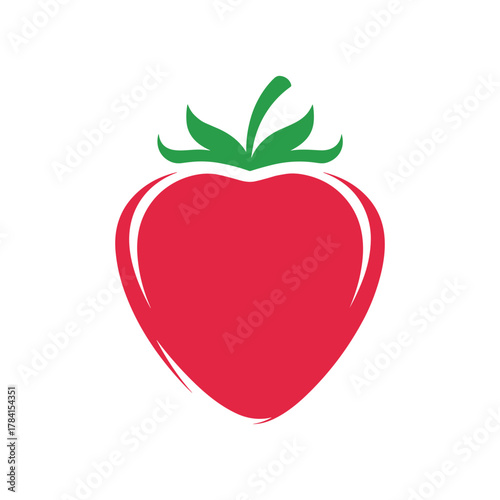 A vibrant red strawberry illustration with a heart-shaped body and green leaves on a white background, symbolizing freshness and love.