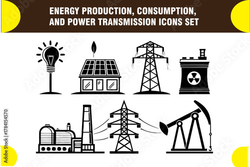 Energy Production Icons: A cohesive collection of illustrative icons delineates the core components of energy production, consumption, and transmission, covering light bulbs, solar panels.