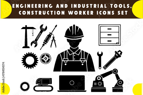 Engineering and Industrial Icon Set: A comprehensive collection of engineering and industrial icons, showcasing various tools, equipment, and a construction worker silhouette.