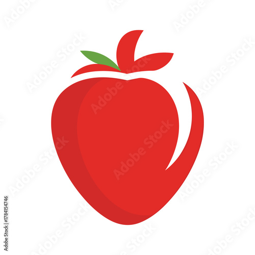 Stylized red tomato with green stem and leaf on white background.
