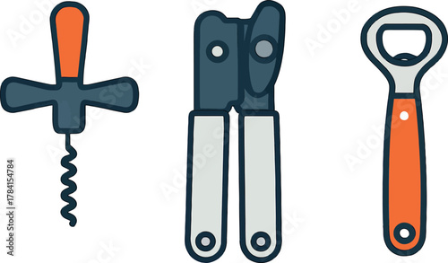 Kitchen Utensils Collection Featuring Corkscrew Can Opener and Bottle Opener for Culinary Tasks and Bar Essentials