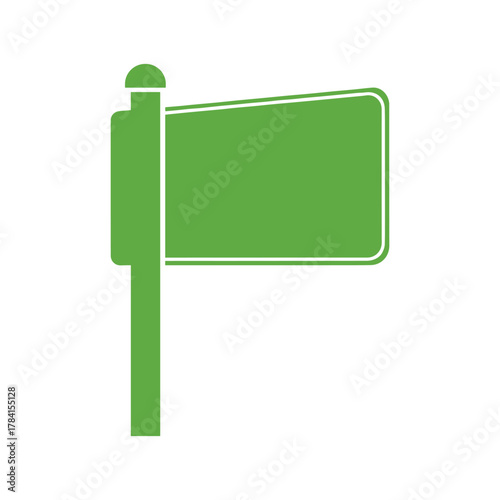 A simple green signpost with a blank rectangular sign on a white background.