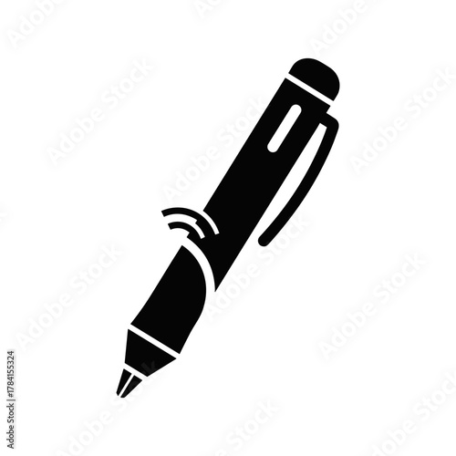A black and white illustration of a pen, showcasing its design and features.