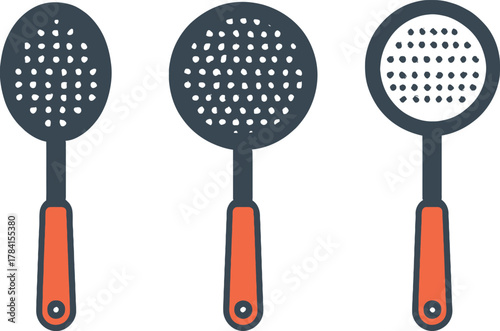 Three unique slotted spoons for straining and cooking offering different hole patterns for various kitchen tasks