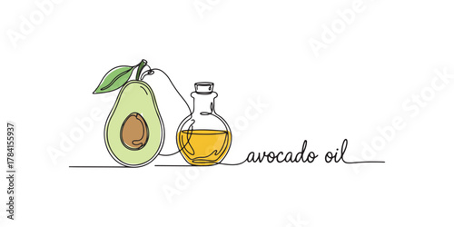 Minimalist line art of an avocado and a bottle of golden avocado oil, labeled with the text “avocado oil.” ,natural skincare visuals, spa and wellness marketing, healthy lifestyle campaigns.