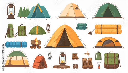 Earthy Flat Icons of Camping Gear Set