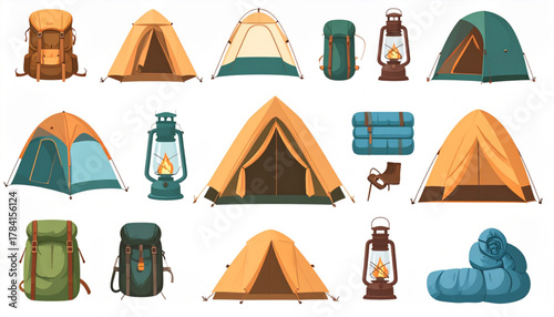 Earthy Flat Icons of Camping Gear Set
