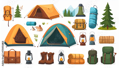 Earthy Flat Icons of Camping Gear Set