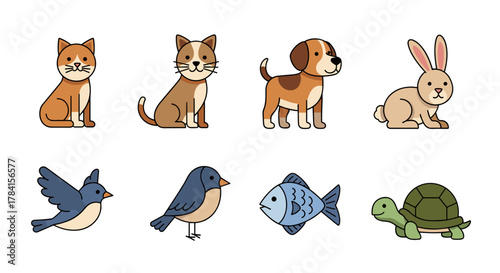 Illustration of various cartoon animals including cats dogs birds fish and turtle