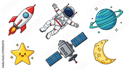 Illustration of a rocket, astronaut, planet, star, satellite, and moon icons