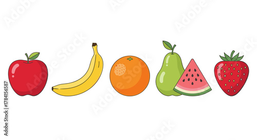 Illustration of a row of fruits including an apple banana orange pear and more