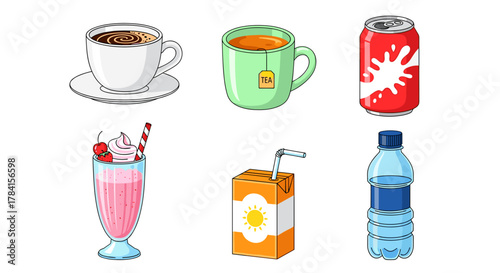Illustration showing various beverage options including coffee tea and juice