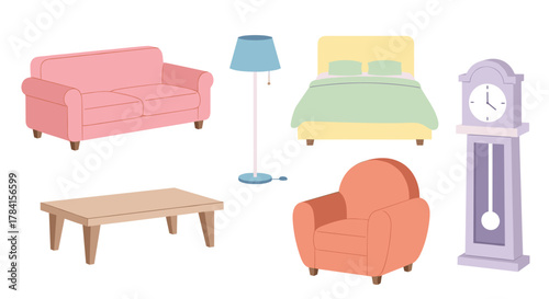 Illustration of a living room and bedroom furniture set on a white background