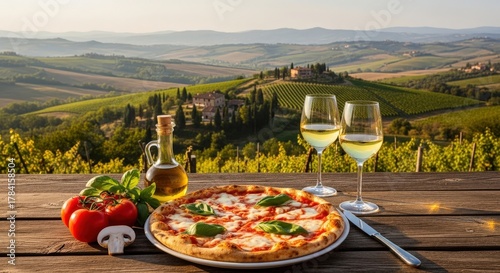 Delicious italian pizza and wine served outdoors with a scenic tuscan landscape background