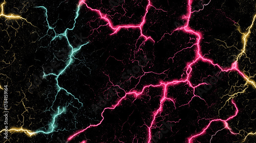 Colorful lightning seamless pattern on dark background for design