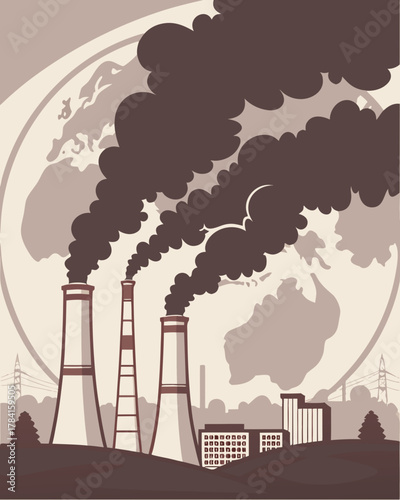 Industrial chimneys releasing dark smoke covering the globe.