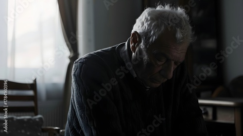 Elderly man sitting alone in quiet room reflecting on life symbolizing mental wellness aging loneliness and emotional awareness in older adults. Mental health and wellbeing concept