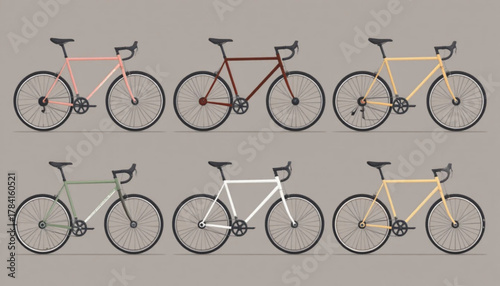 Illustration of various flat colored bicycles 