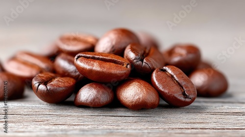 Close up macro texture photo of dark roasted coffee beans with rich brown color and glossy surface arranged on a rustic wooden surface with soft natural lighting