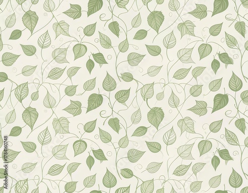 Organic Hand-Drawn Leaf and Vine Pattern in Sage Green