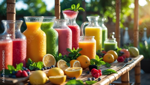 Fototapeta Naklejka Na Ścianę i Meble -  Healthy Lifestyle fresh juice station set in an open-air space with vibrant fruits, clear glass pitchers, and bright natural light to inspire energizing habits and a refreshing approach to daily welln