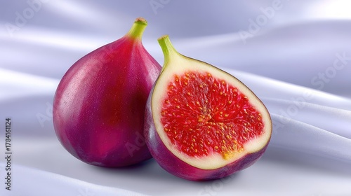 Close Up Of A Whole Fig And A Halved Fig Showing Its Red Pulp And Seeds Resting On A White Surface With A Soft Fabric Background